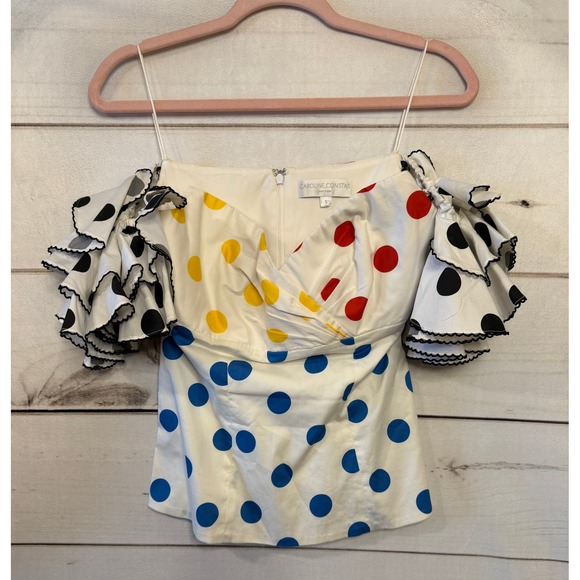 Caroline Constas Tops - CAROLINE CONSTAS Polka Dot Off Shoulder Ruffle Top Ivory Red Blue Yellow Black S